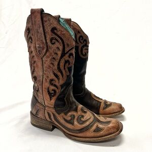 Corral Brown and Black Embroidered Leather Heeled Western Boots